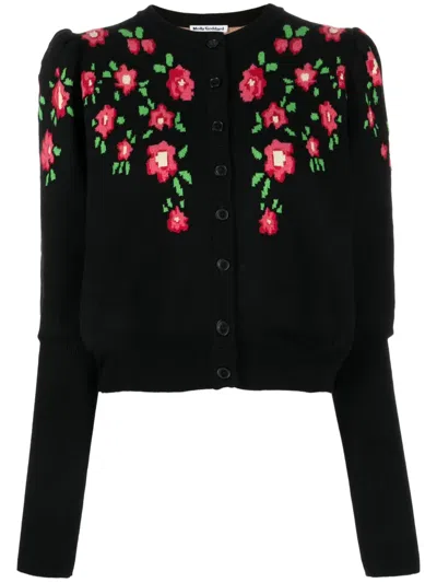 Molly Goddard Floral-intarsia Cotton Cardigan In Black