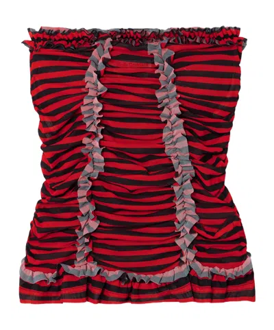 Molly Goddard Tracey Strapless Ruffled Striped Tulle Top In Red
