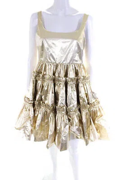 Pre-owned Molly Goddard Womens Lame Gathered Tiered Strap Dress - Gold Size 10