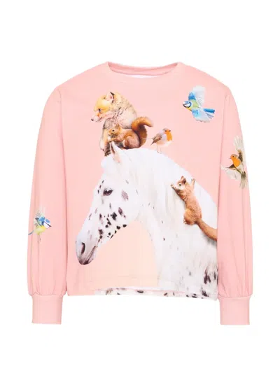 Molo Kids' Animal-print Long-sleeve T-shirt In Pink