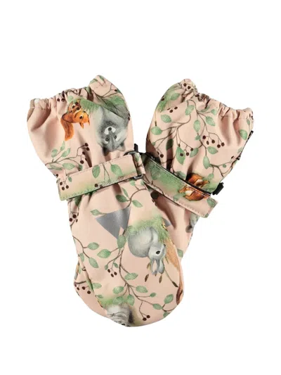 Molo Kids' Animal-print Touch-strap Mittens In Pink