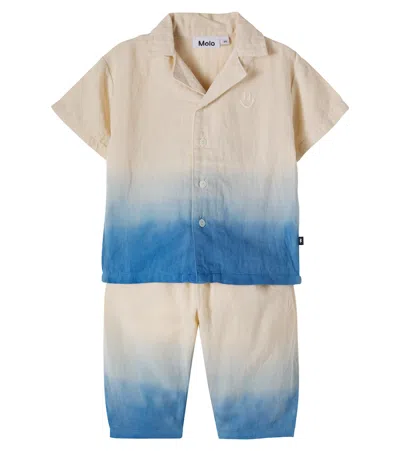 Molo Baby Eyou And Sois Linen And Cotton Shirt And Pants Set In Blue