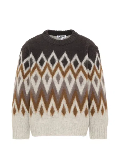 Molo Kids' Baes Argyle-knit Crew-neck Sweater In Neutrals