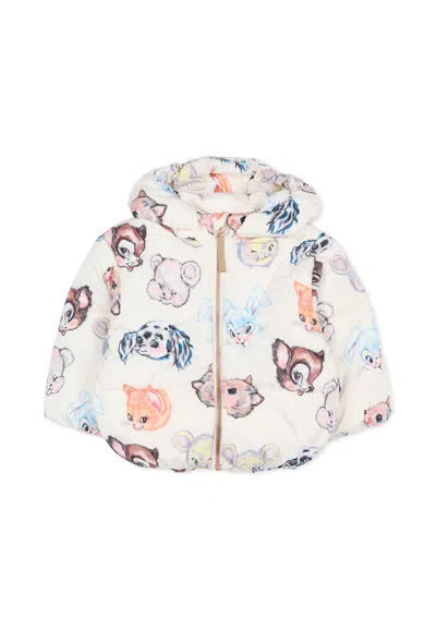 Molo Beige Down Jacket For Baby Girl With Animal Print In Multi