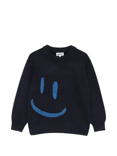 Molo Kids' Bello Intarsia-knit Smiley-motif Sweater In Blue