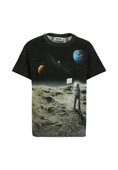 Molo Kids' Black T-shirt For Boy With Astronaut Print In Multi