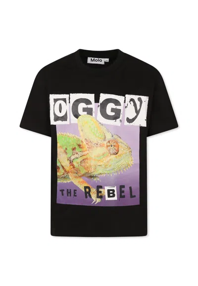 Molo Black T-shirt For Kids With Chameleon