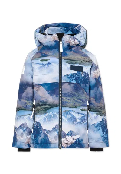 Molo Kids' Blue Down Snow Jacket For Boy With Mountain Print