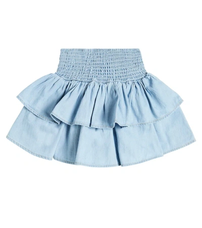 Molo Kids' Bonito Shirred Ruffled Denim Skirt In Summer Wash Indigo