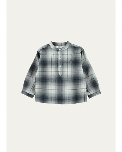 Molo Kids' Boy's Enoz Check Organic Cotton Shirt In Black