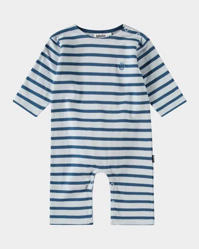 Molo Kids' Boy's Flint Embroidered Organic Cotton Stripe Bodysuit In Blue