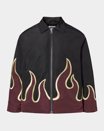 Molo Kids' Boy's Hotson Fire-print Shirt Jacket In Brown