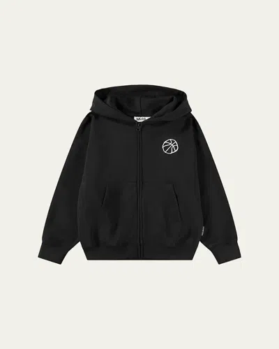 Molo Kids' Boy's Marley Embroidered Zip Hoodie In Black