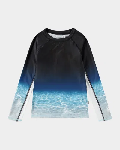 Molo Kids' Boy's Neptune Long-sleeve Rashguard Swim Top In Faded Ocean