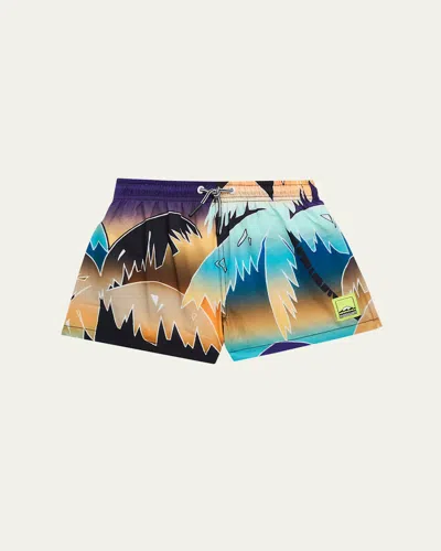 Molo Kids' Boy's Niko Printed Swim Shorts In Faded Palmtrees
