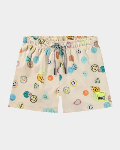 Molo Kids' Boy's Niko Printed Swim Shorts In Sand Smile