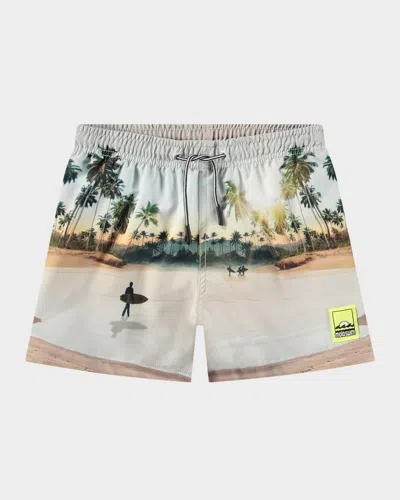 Molo Kids' Boy's Niko Surf-print Swim Shorts In Neutrals