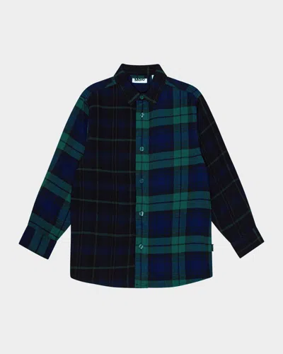 Molo Kids' Boy's Remon Two-toned Button Up Shirt In Dark Pine