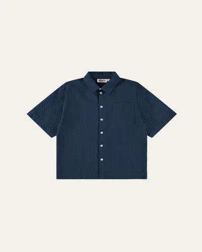 Molo Kids' Boy's Richie Crinkled Cotton Button-front Shirt In Blue