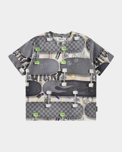 Molo Kids' Boy's Riley Graphic-print Short-sleeve T-shirt In Gray