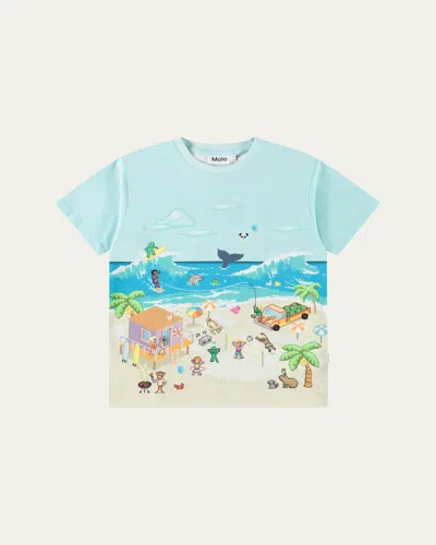 Molo Kids' Boy's Riley Graphic T-shirt In Pixel Beach