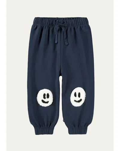 Molo Kids' Boy's Simeon Embroidered Organic Cotton Pants In Blue