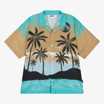 Molo Kids' Boys Blue & Beige Tropical Cotton Shirt In Multicoloured