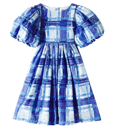 Molo Kids' Calyita Checked Gathered Cotton Dress In Blue