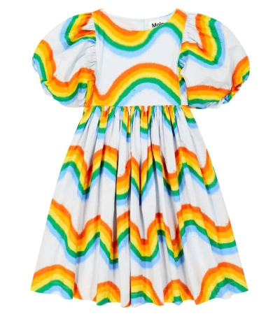 Molo Kids' Calyita Printed Puff-sleeve Cotton Dress In Rainbow Waves