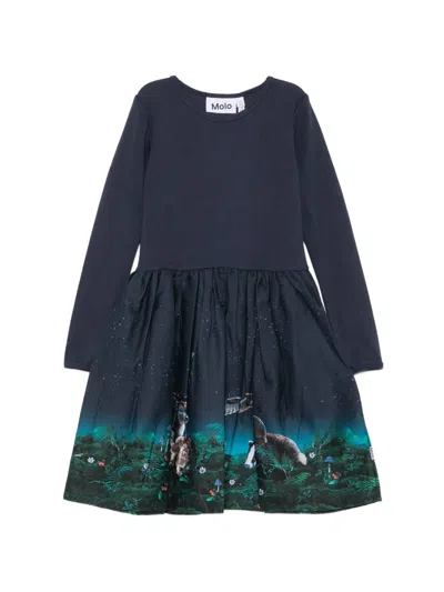 Molo Kids' Casie Warm Graphic-print Long-sleeve Dress In Blue