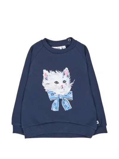 Molo Babies' Cat-print Raglan-sleeve Sweatshirt In Blue