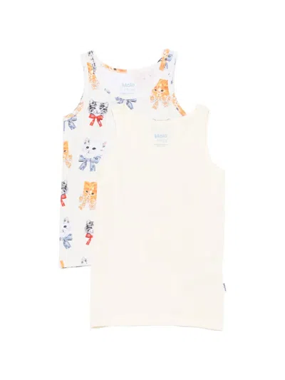Molo Kids' Cat-print Vest Tops Set (set Of Two) In Neutral