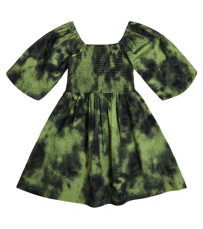 Molo Kids' Girl's Cherisa Smocked Tie Dye Dress In Moss Tie Dye