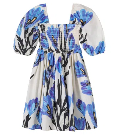 Molo Kids' Chipie Floral Shirred Cotton Dress In Blue