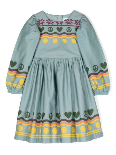 Molo Kids' Cilja Long Puff-sleeves Cotton Dress In Blue