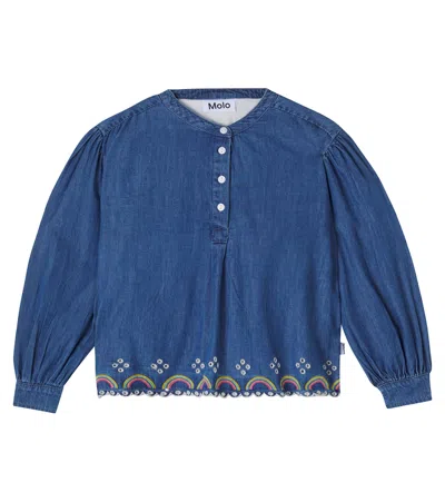 Molo Kids' Embroidered Cotton Denim Shirt In Blue