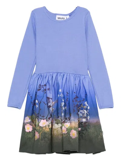 Molo Kids' Floral-print Ribbed Dress In Blue
