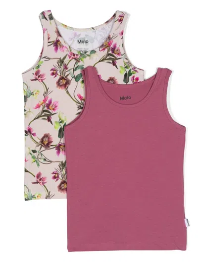 Molo Kids' Floral-print Tank Tops (set Of Two) In 粉色