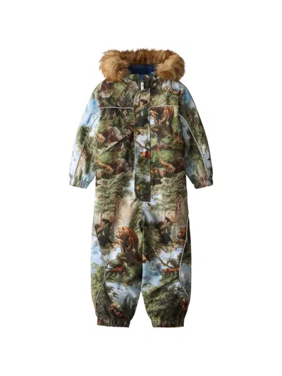 Molo Kids' Forest-art Print Faux-fur-trim Ski Jumpsuit In Green