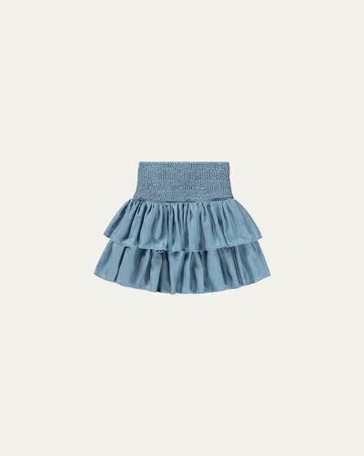 Molo Kids' Girl's Bonita Tiered Chambray Mini Skirt In Washed Blue