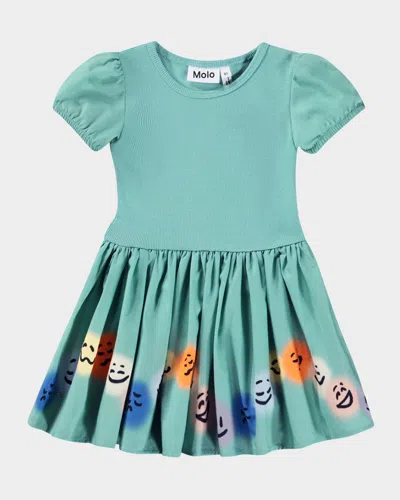 Molo Kids' Girl's Caitlin Puff-sleeve Printed Dress In Green