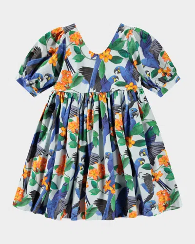 Molo Kids' Girl's Camilo Tropical-print Dress In Macaws Blue