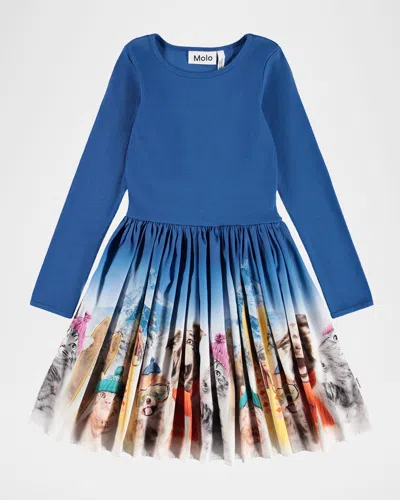 Molo Kids' Girl's Casie Long-sleeve Organic Cotton Dress In Blue