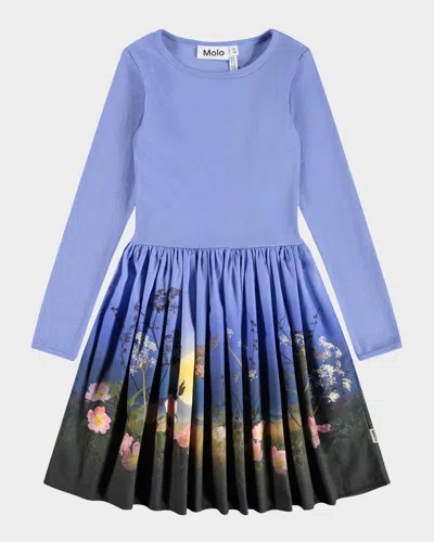Molo Kids' Girl's Casie Printed Jersey & Poplin Long-sleeve Dress In Blue
