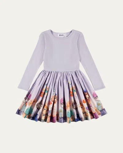 Molo Kids' Girl's Casie Printed Jersey & Poplin Long-sleeve Dress In Blue