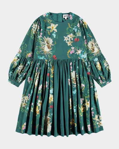 Molo Kids' Girl's Cece Organic Cotton Paisley Flannel Dress In Green