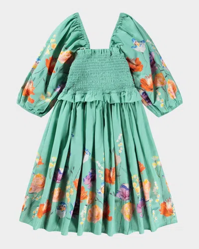 Molo Kids' Girl's Chipie Smocked Floral Cotton Puff-sleeve Dress In Green