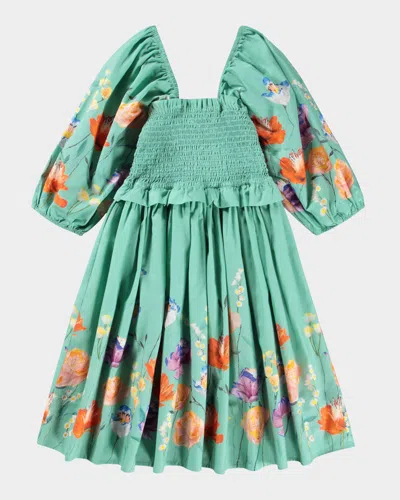 MOLO GIRL'S CHIPIE SMOCKED FLORAL COTTON PUFF-SLEEVE DRESS