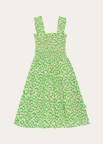 Molo Kids' Girl's Cippe Cheetah-print Smocked Dress In Green Leo