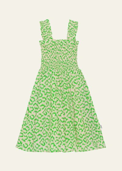 Molo Kids' Girl's Cippe Cheetah-print Smocked Dress In Green Leo
